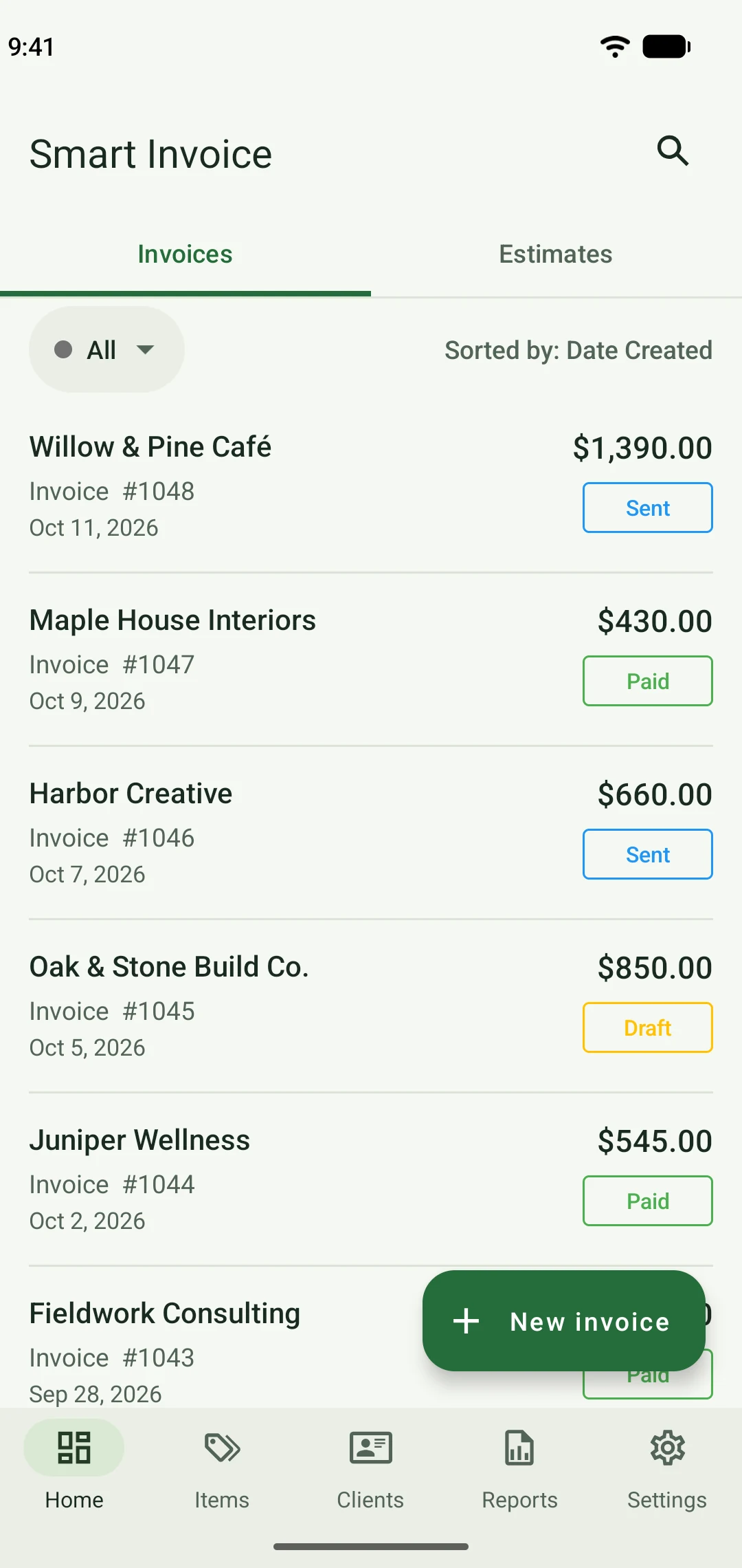 Smart Invoice overview showing invoices marked Sent, Paid and Draft