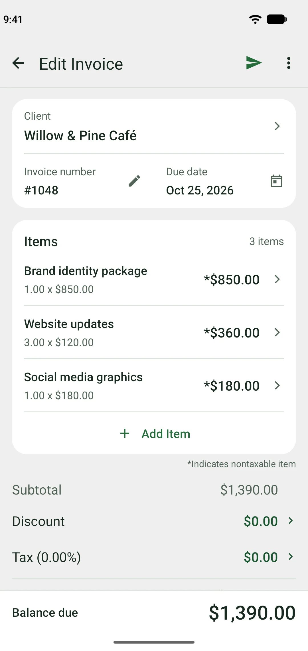 Smart Invoice invoice editor showing Willow & Pine Café, itemized services and a $1,390 balance